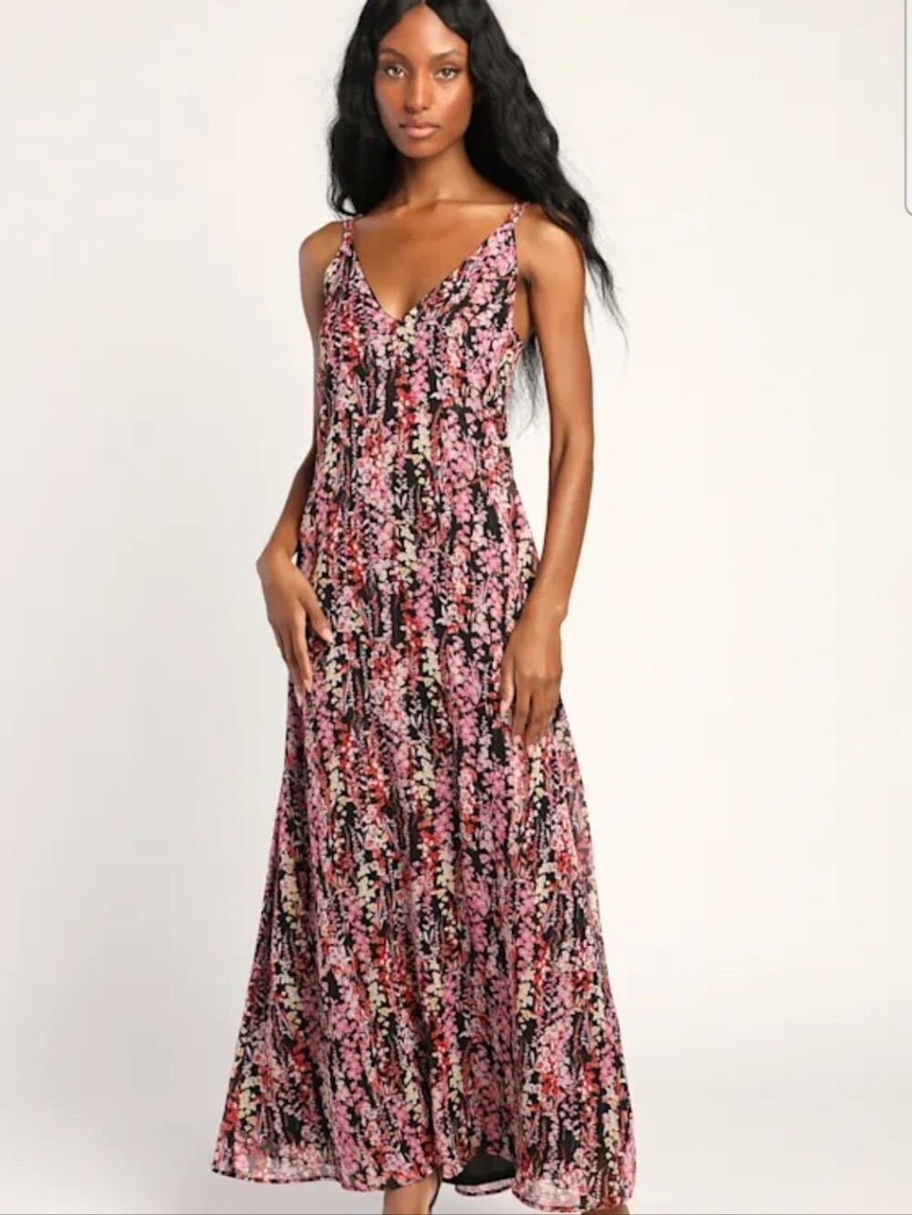 Lulus - Flora Belle Black Floral Sleeveless V-Neck Tie-Back Maxi Dress